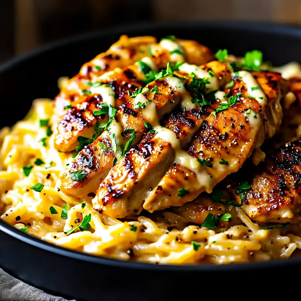 ONE-POT CAJUN CHICKEN ALFREDO ORZO centered hero view, clean and uncluttered