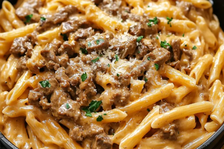 ONE POT CREAMY BEEF AND GARLIC BUTTER PASTA centered hero view, clean and uncluttered