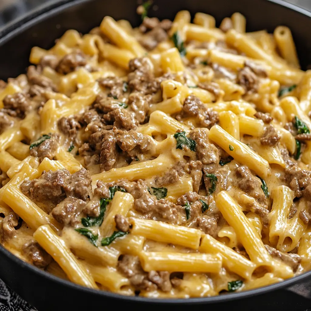 One Pot Creamy Beef and Garlic Butter Pasta Recipe Easy 3 ONE POT CREAMY BEEF AND GARLIC BUTTER PASTA centered hero view, clean and uncluttered