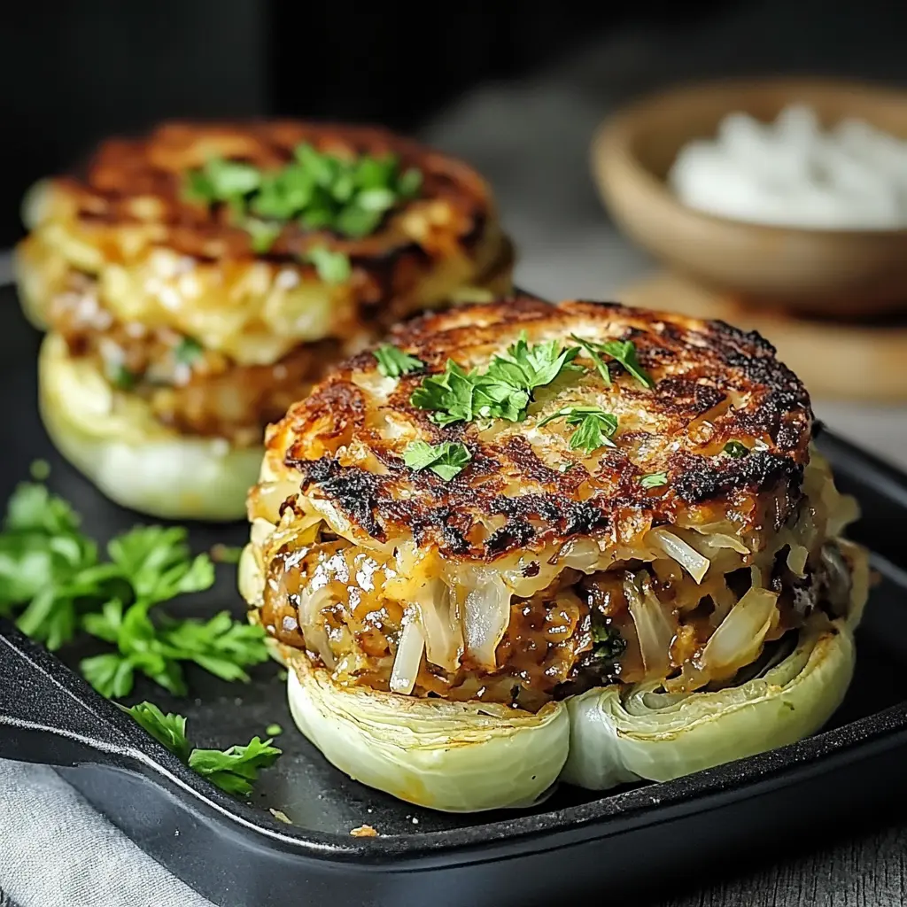 Oven-baked cabbage burgers with golden edges and melted cheese, centered on a clean white plate