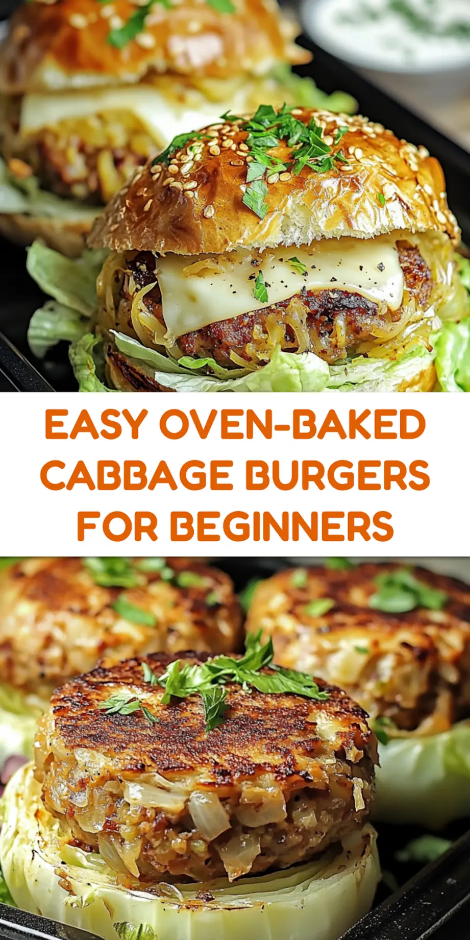 Oven-baked cabbage burgers with golden edges and melted cheese, Pinterest-ready vertical image