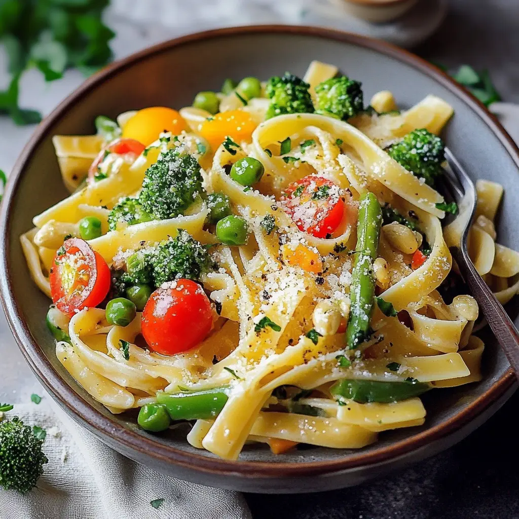 Pasta Primavera with colorful vegetables and creamy sauce