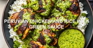PERUVIAN CHICKEN AND RICE WITH GREEN SAUCE centered hero view, clean and uncluttered