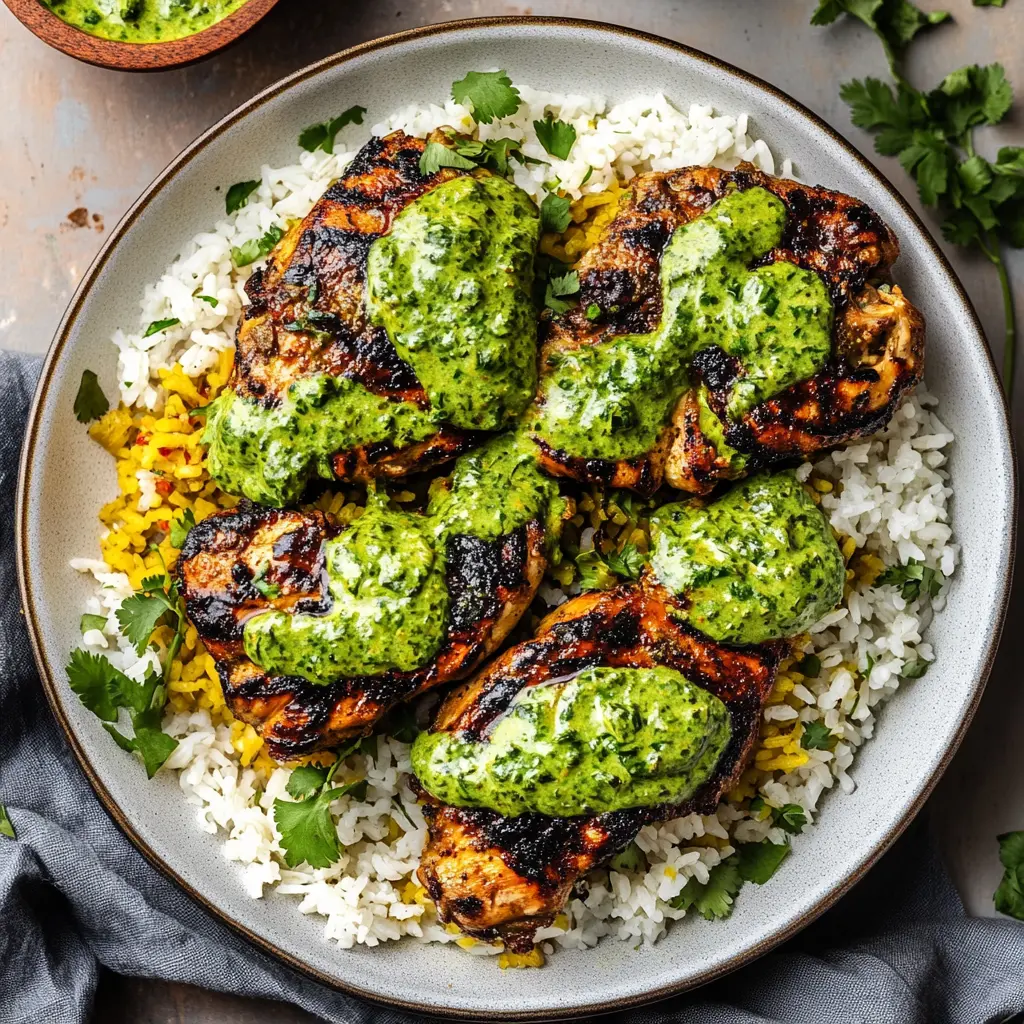 PERUVIAN CHICKEN AND RICE WITH GREEN SAUCE centered hero view, clean and uncluttered