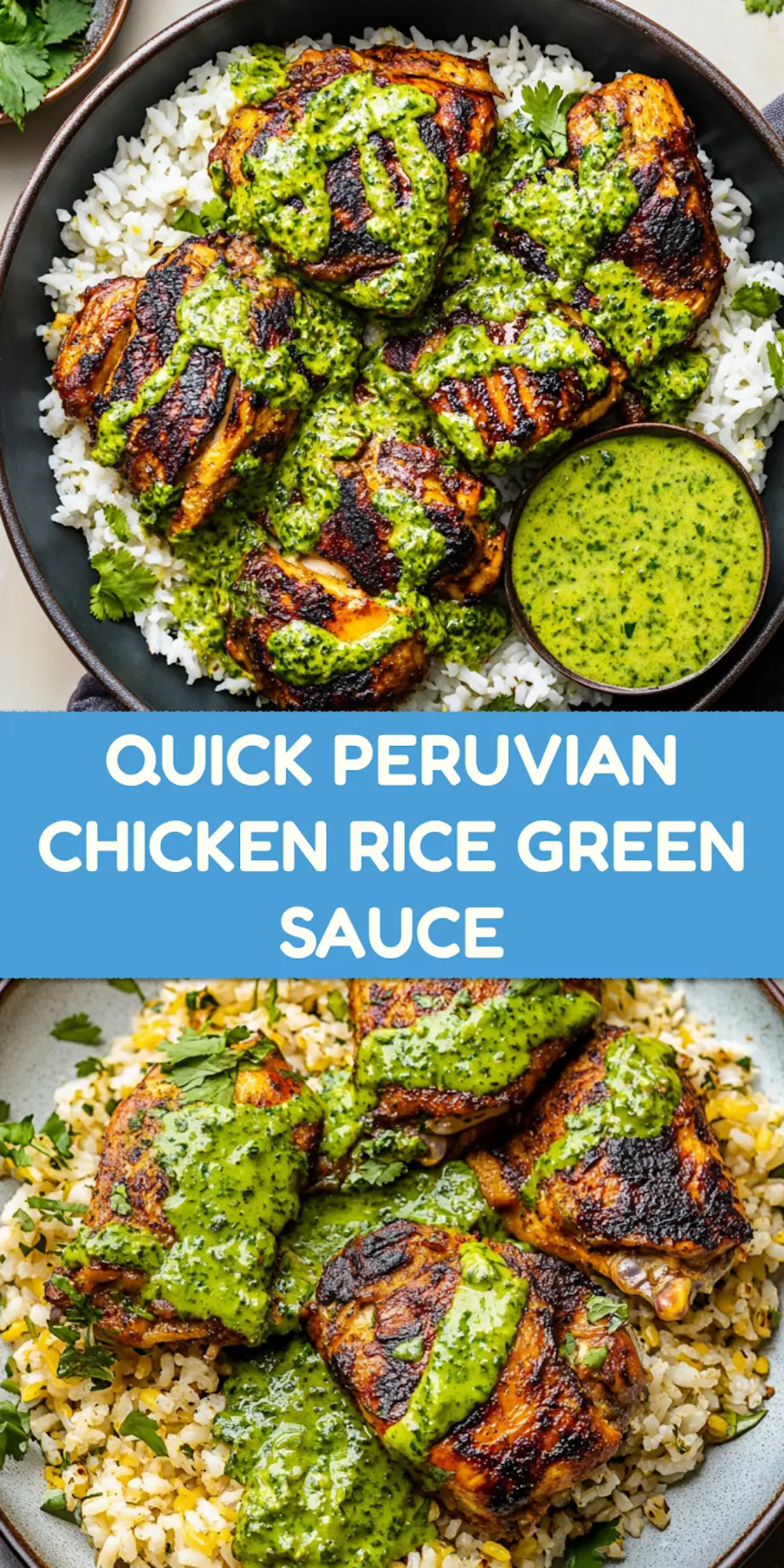 PERUVIAN CHICKEN AND RICE WITH GREEN SAUCE centered hero view, clean and uncluttered