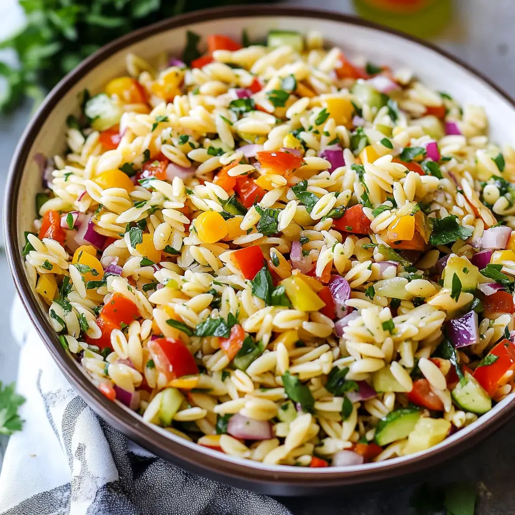 Rainbow orzo salad with colorful vegetables on a white plate