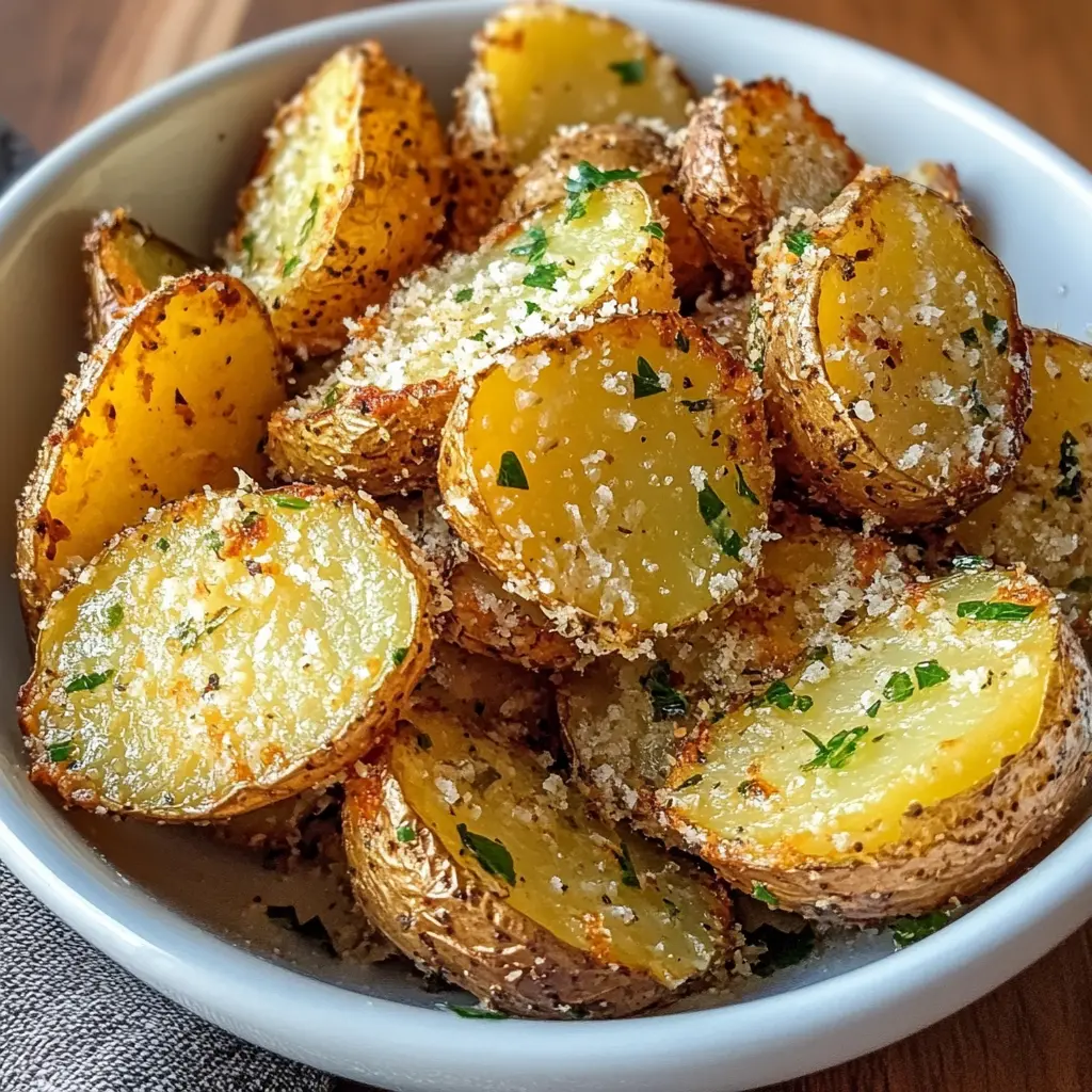 Air Fryer Baked Garlic Parmesan Potatoes Recipe Easy 2 AIR FRYER BAKED GARLIC PARMESAN POTATOES centered hero view, clean and uncluttered