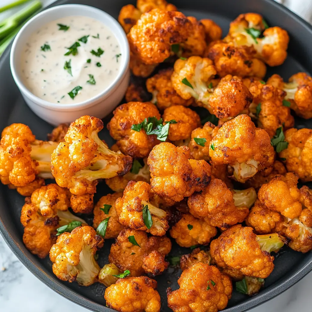 Air Fryer Buffalo Cauliflower Recipe Easy and Delicious 2 AIR FRYER BUFFALO CAULIFLOWER centered hero view, clean and uncluttered