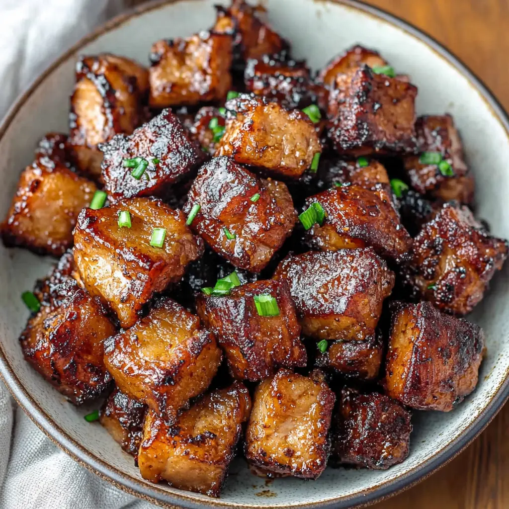 AIR FRYER PORK BELLY BITES centered hero view, clean and uncluttered