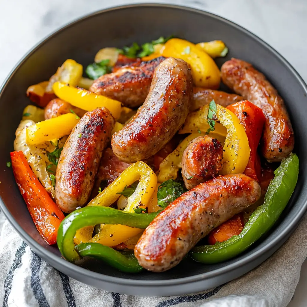 AIR FRYER SAUSAGE AND PEPPERS centered hero view, clean and uncluttered