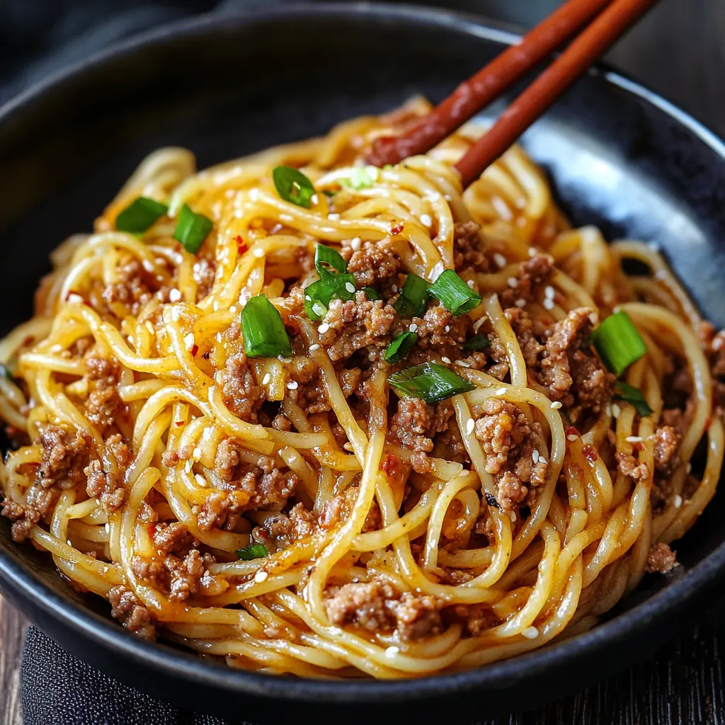 ASIAN GROUND BEEF NOODLES centered hero view, clean and uncluttered