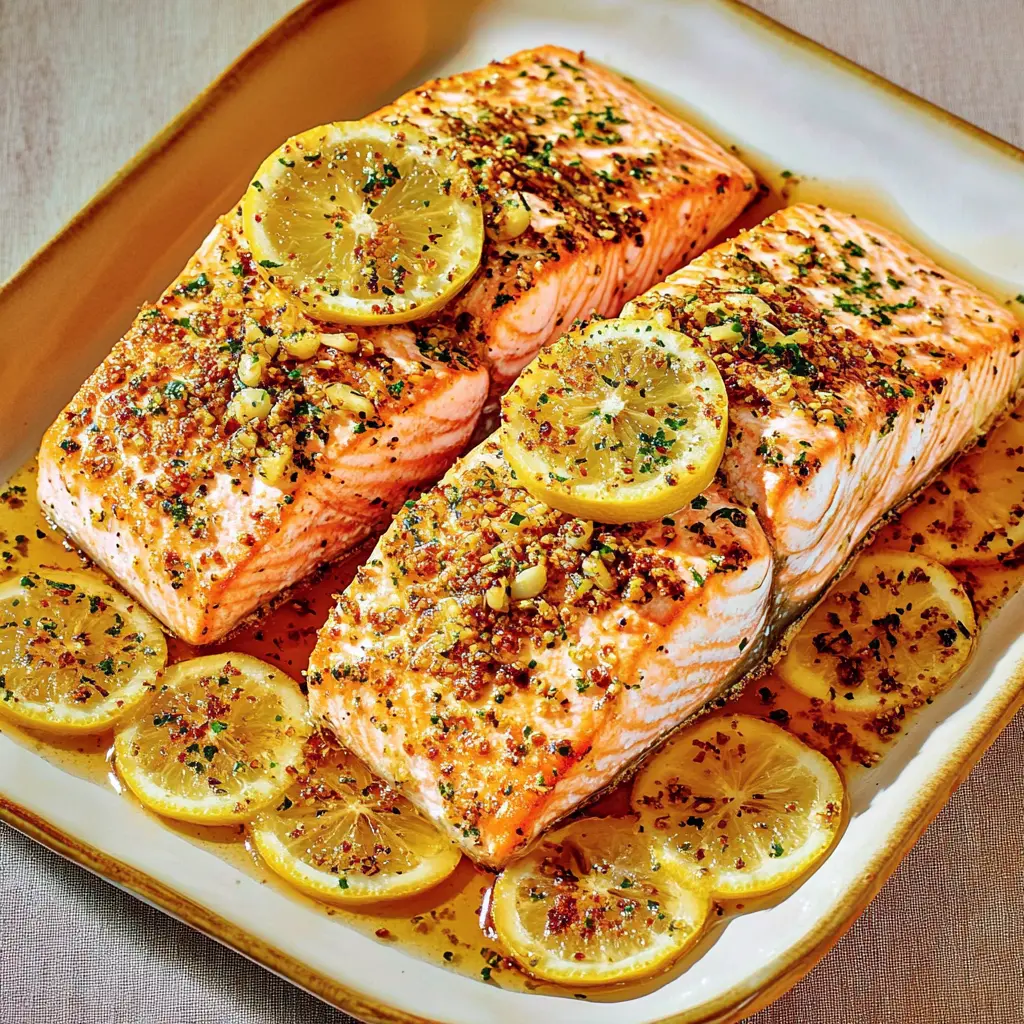BAKED LEMON GARLIC SALMON centered hero view, clean and uncluttered