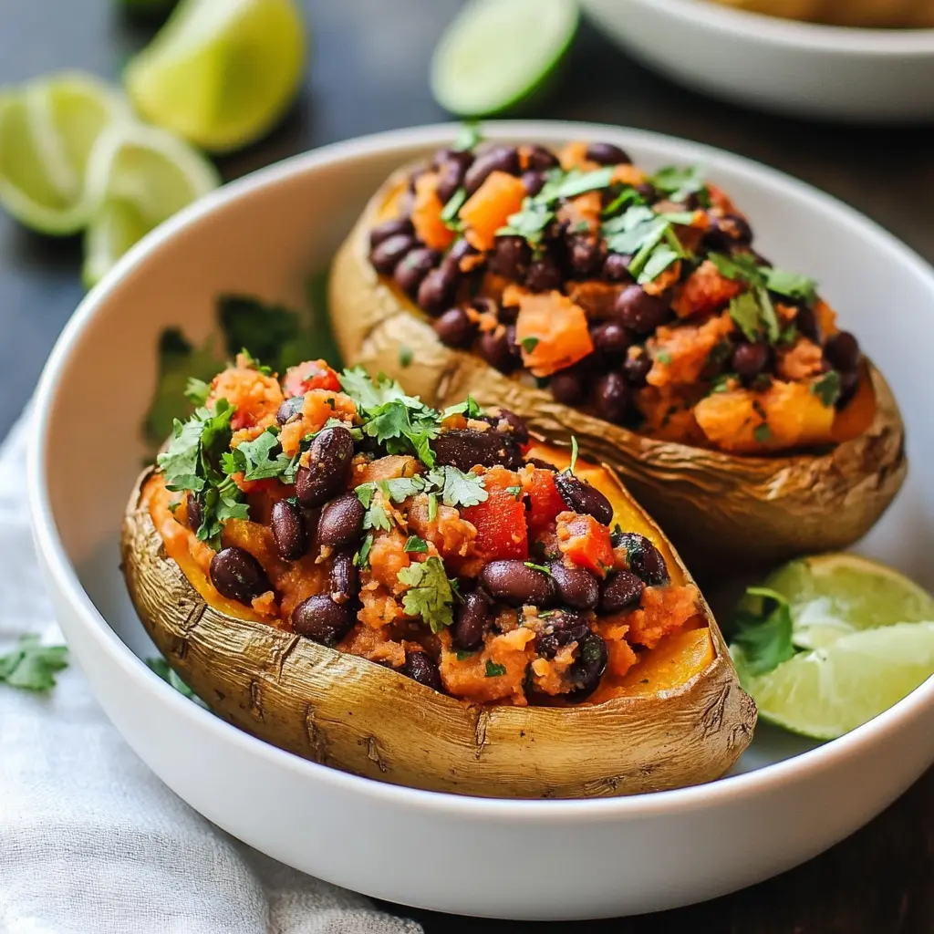 BLACK BEAN STUFFED SWEET POTATOES centered hero view, clean and uncluttered