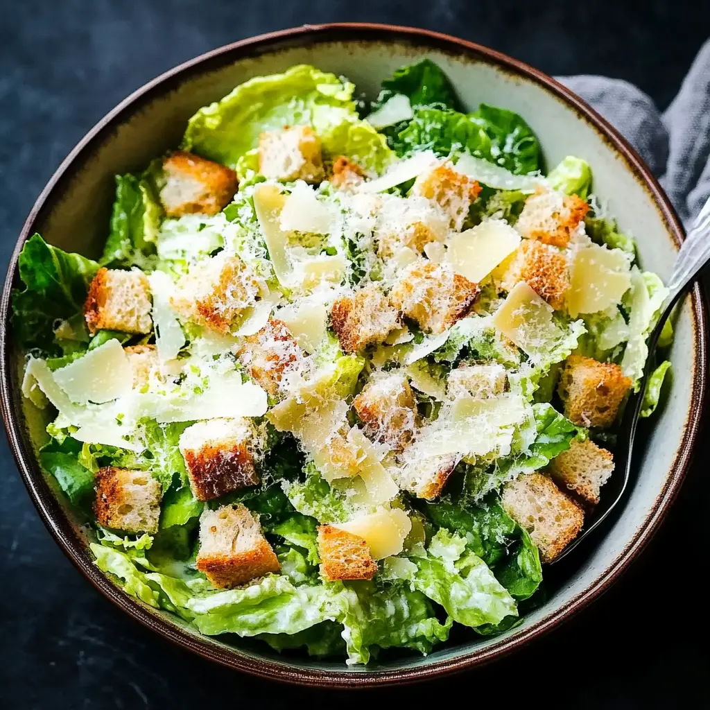 CAESAR SALAD RECIPE centered hero view, clean and uncluttered