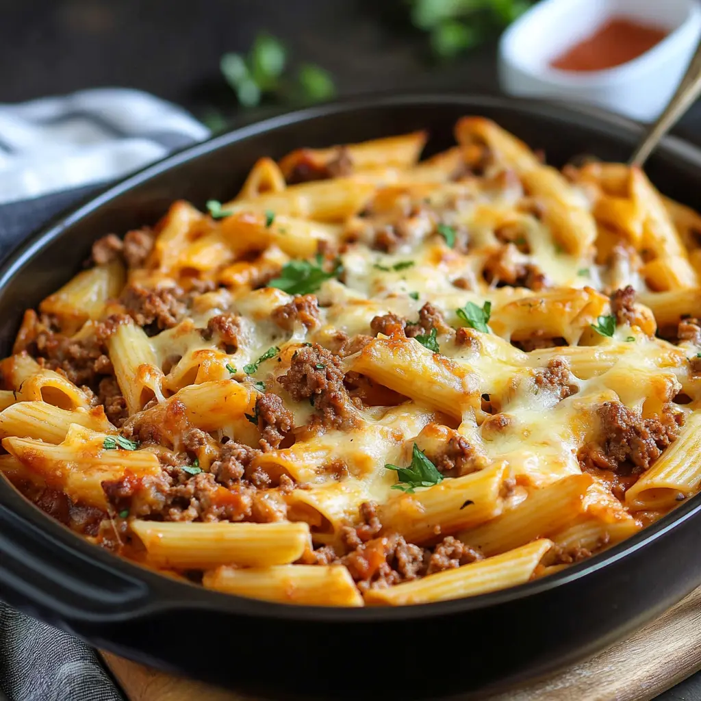 CHEESY GROUND BEEF PASTA BAKE centered hero view, clean and uncluttered