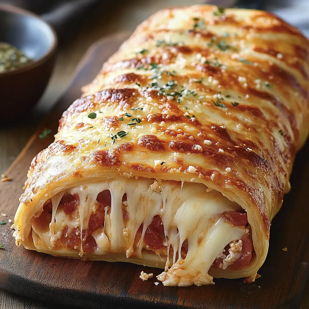 CHEESY ITALIAN STROMBOLI centered hero view, clean and uncluttered