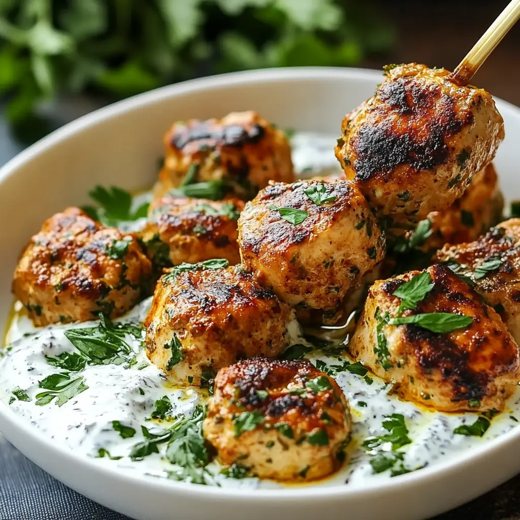 CHICKEN KOFTA GARLIC YOGURT SAUCE centered hero view, clean and uncluttered
