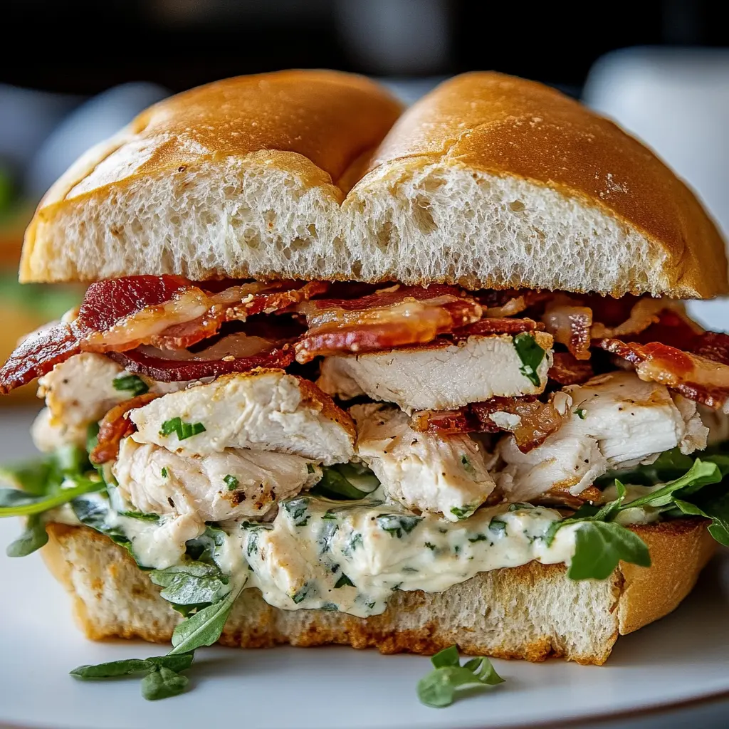 CHOPPED CHICKEN BACON RANCH SANDWICH centered hero view, clean and uncluttered