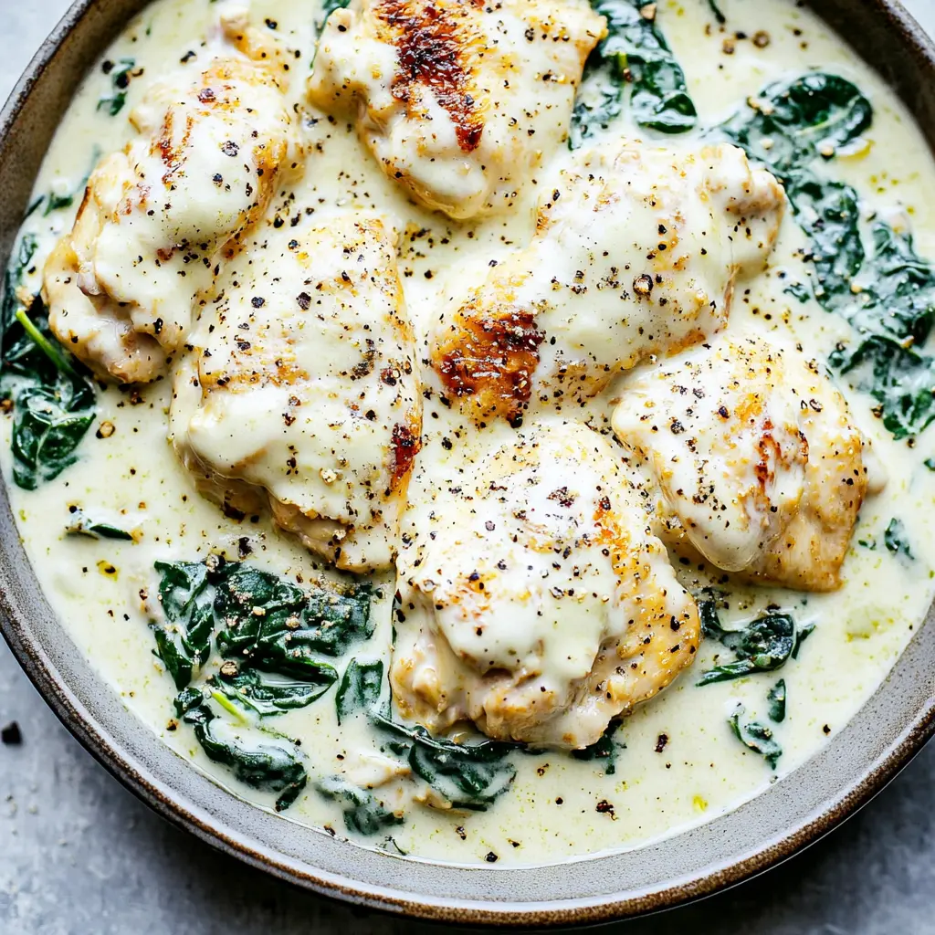 CREAMY SPINACH CHICKEN centered hero view, clean and uncluttered