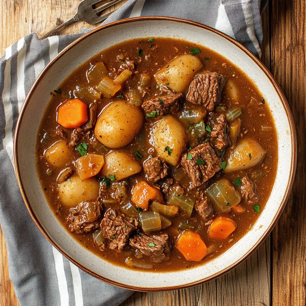 CROCKPOT BEEF STEW centered hero view, clean and uncluttered