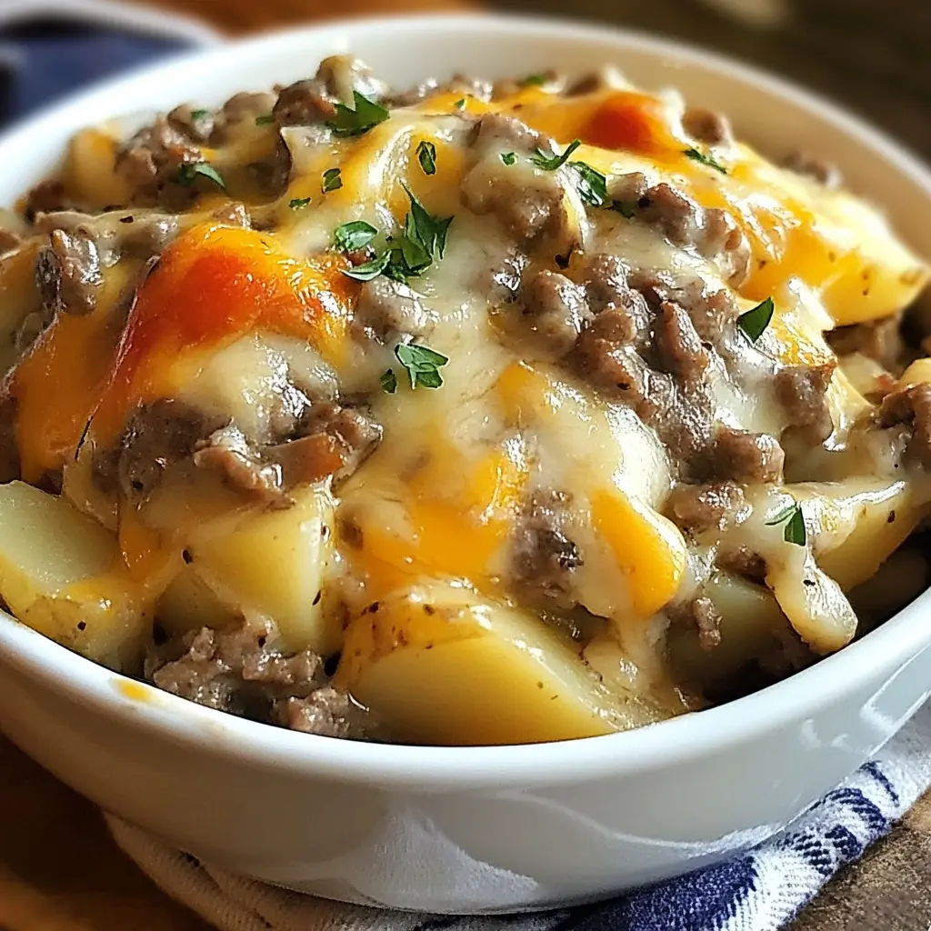CROCKPOT CHEESESTEAK POTATO CASSEROLE centered hero view, clean and uncluttered