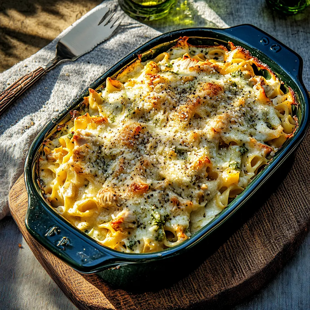 DUMP AND BAKE CHICKEN ALFREDO NOODLE CASSEROLE centered hero view, clean and uncluttered