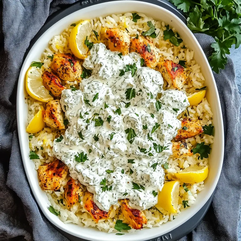 DUMP AND BAKE CHICKEN TZATZIKI RICE centered hero view, clean and uncluttered