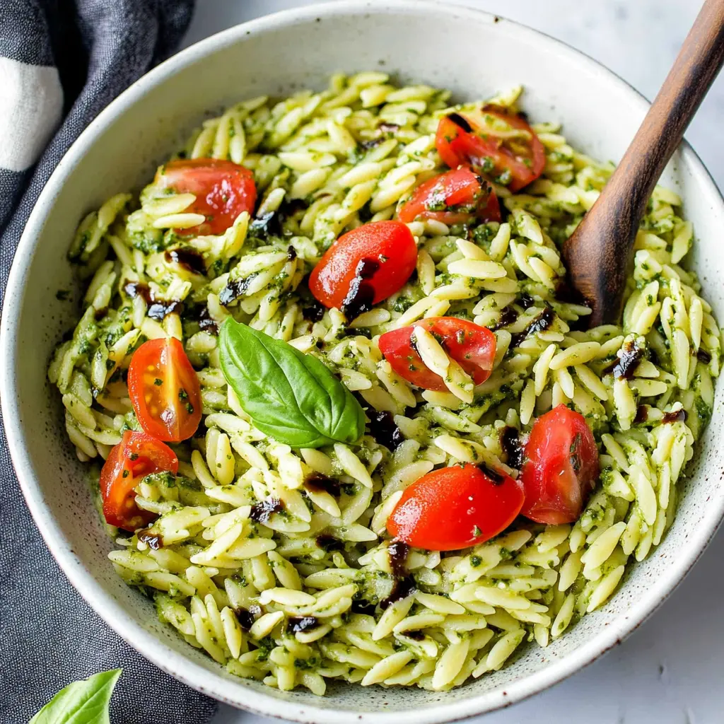EASY ORZO SALAD WITH PESTO centered hero view, clean and uncluttered