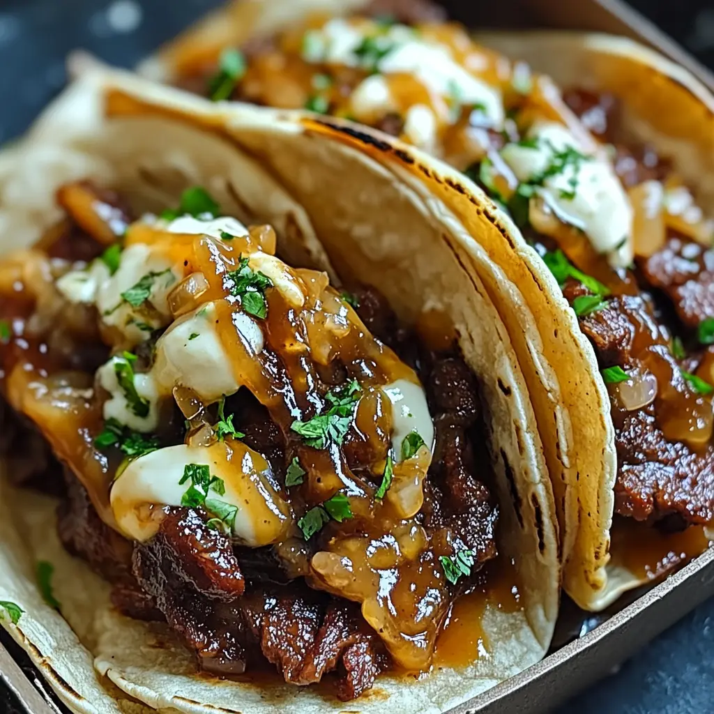 GARLIC BUTTER HONEY BBQ BEEF TACOS centered hero view, clean and uncluttered