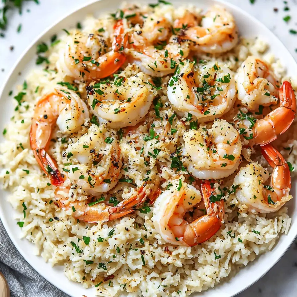 GARLIC BUTTER SHRIMP AND RICE centered hero view, clean and uncluttered
