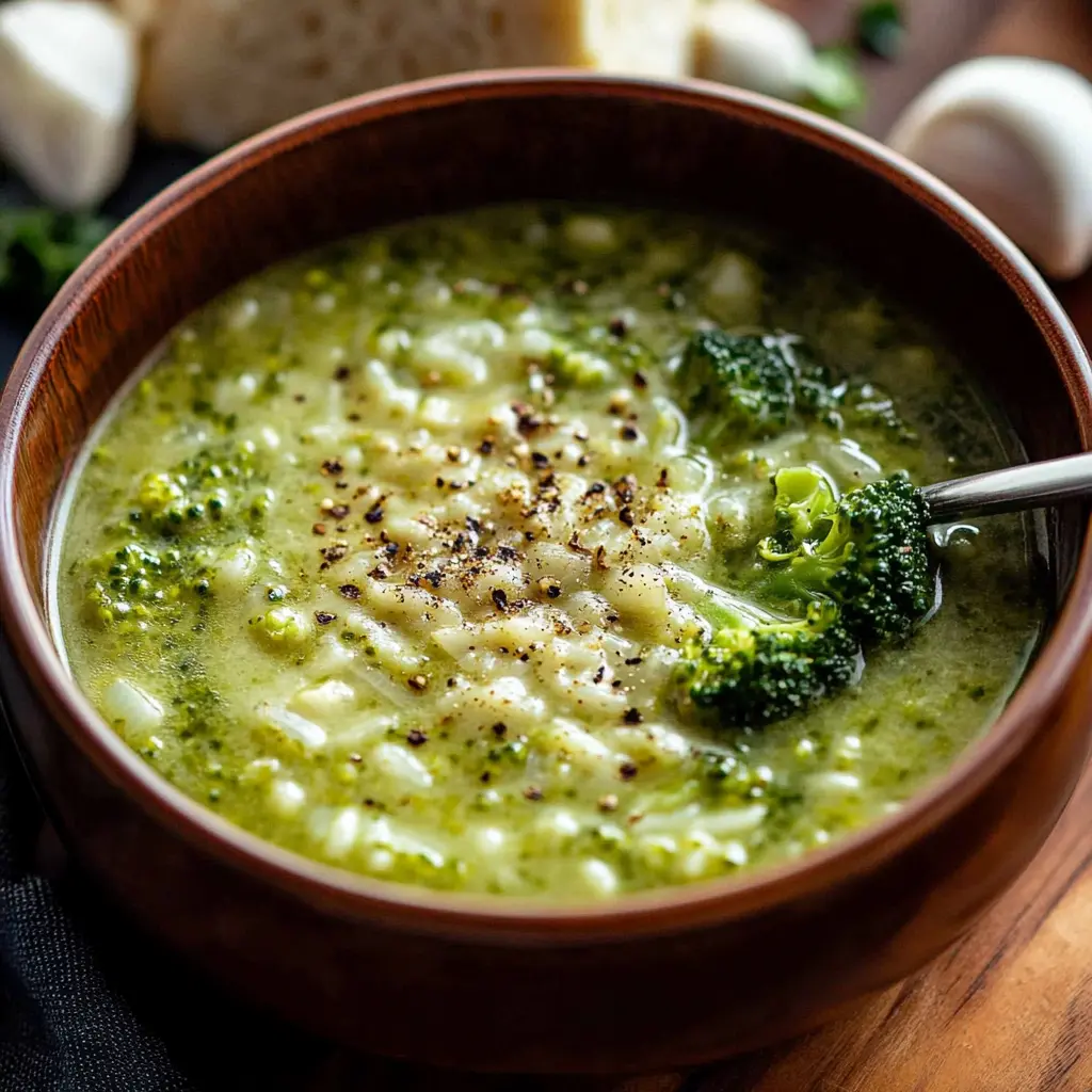 GARLIC ITALIAN BROCCOLI SOUP centered hero view, clean and uncluttered