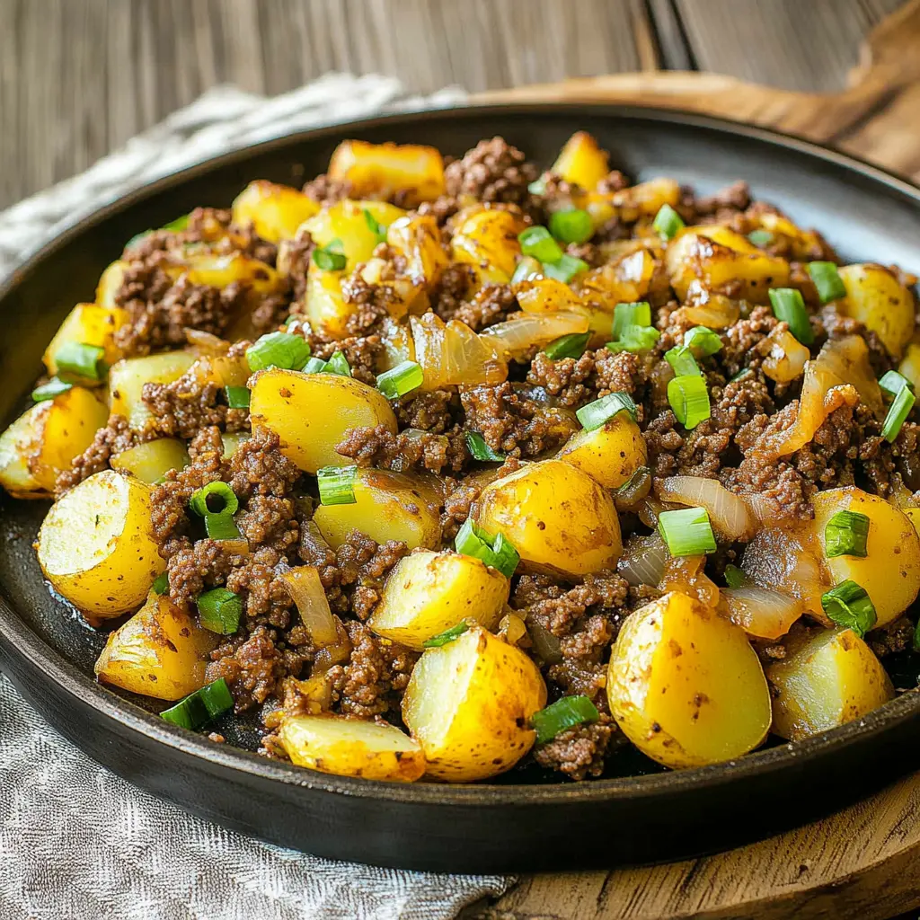 GROUND BEEF AND POTATO SKILLET centered hero view, clean and uncluttered