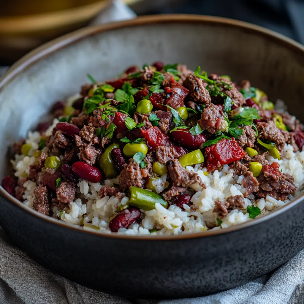 HIGH PROTEIN BEEF AND RICE BOWL centered hero view, clean and uncluttered