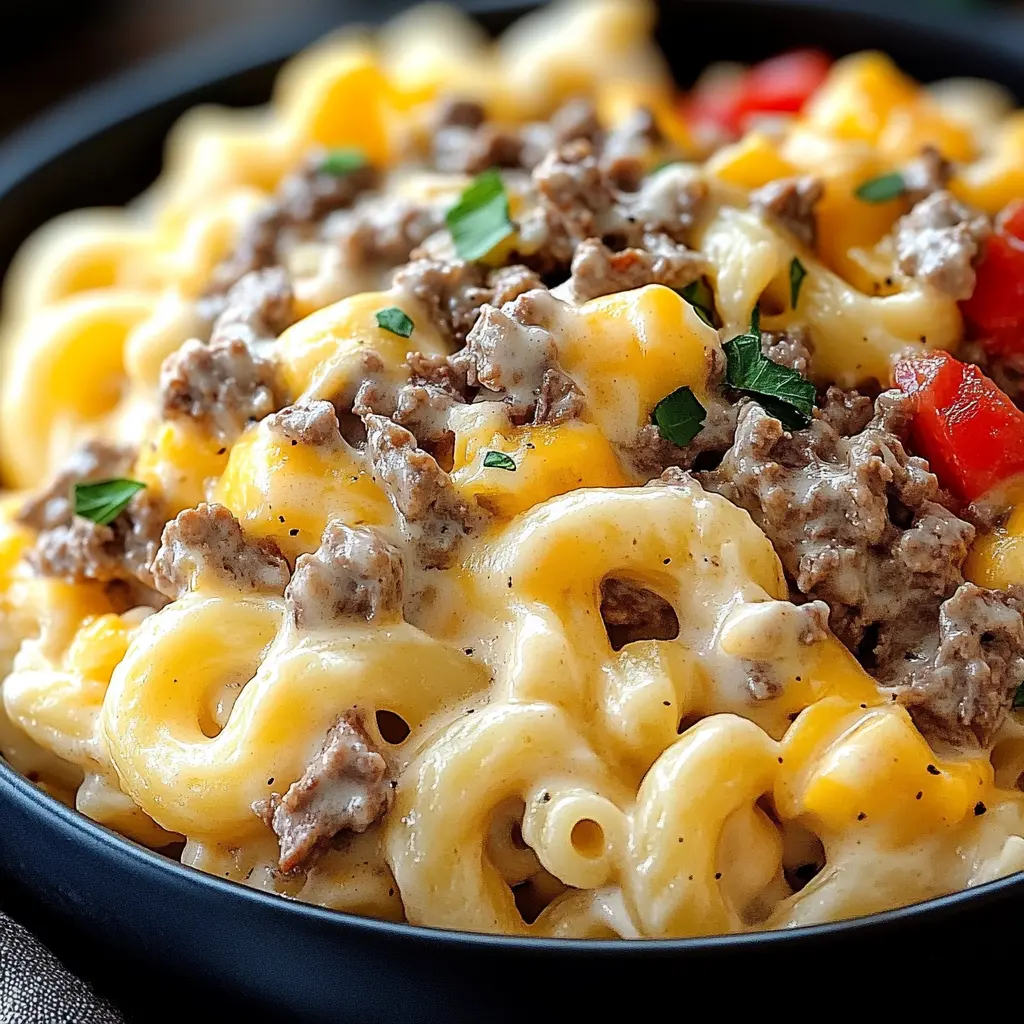 HIGH-PROTEIN CREAMY PHILLY CHEESESTEAK MAC centered hero view, clean and uncluttered