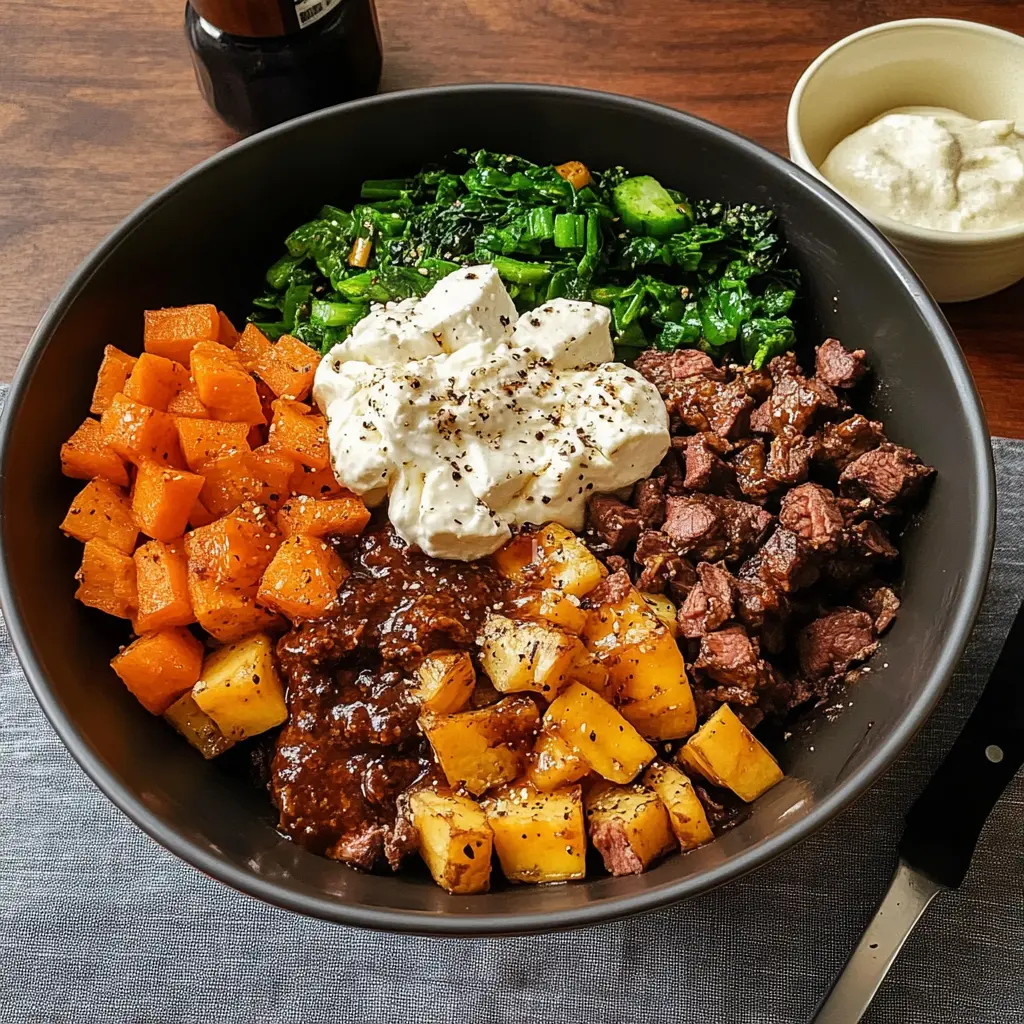 Hot Honey Cottage Cheese Sweet Potato Beef Bowl Recipe 2 HOT HONEY COTTAGE CHEESE SWEET POTATO BEEF BOWL centered hero view, clean and uncluttered