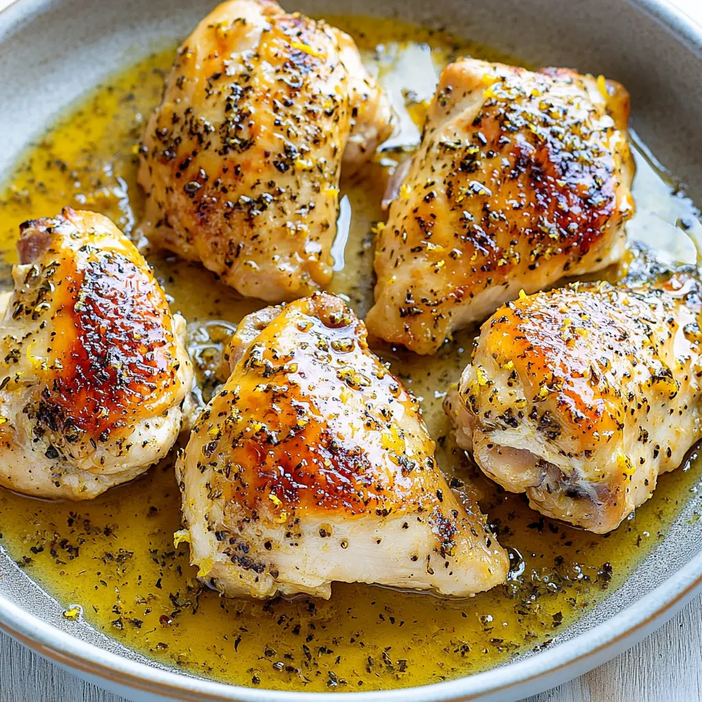 JUICY LEMON CHICKEN THIGHS centered hero view, clean and uncluttered