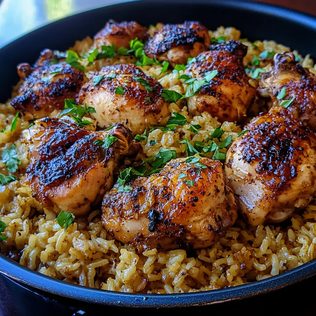 ONE-PAN CHICKEN AND GARLIC RICE centered hero view, clean and uncluttered