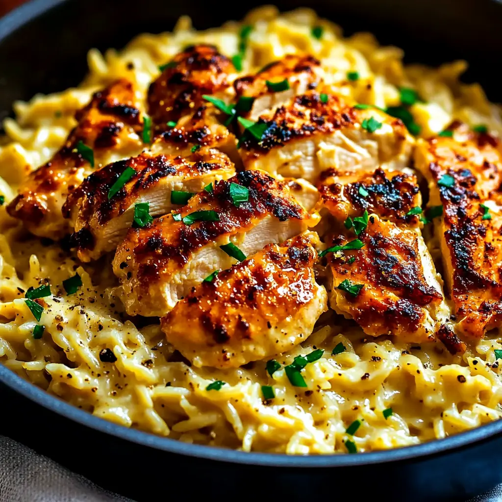 ONE-POT CAJUN CHICKEN ALFREDO ORZO centered hero view, clean and uncluttered