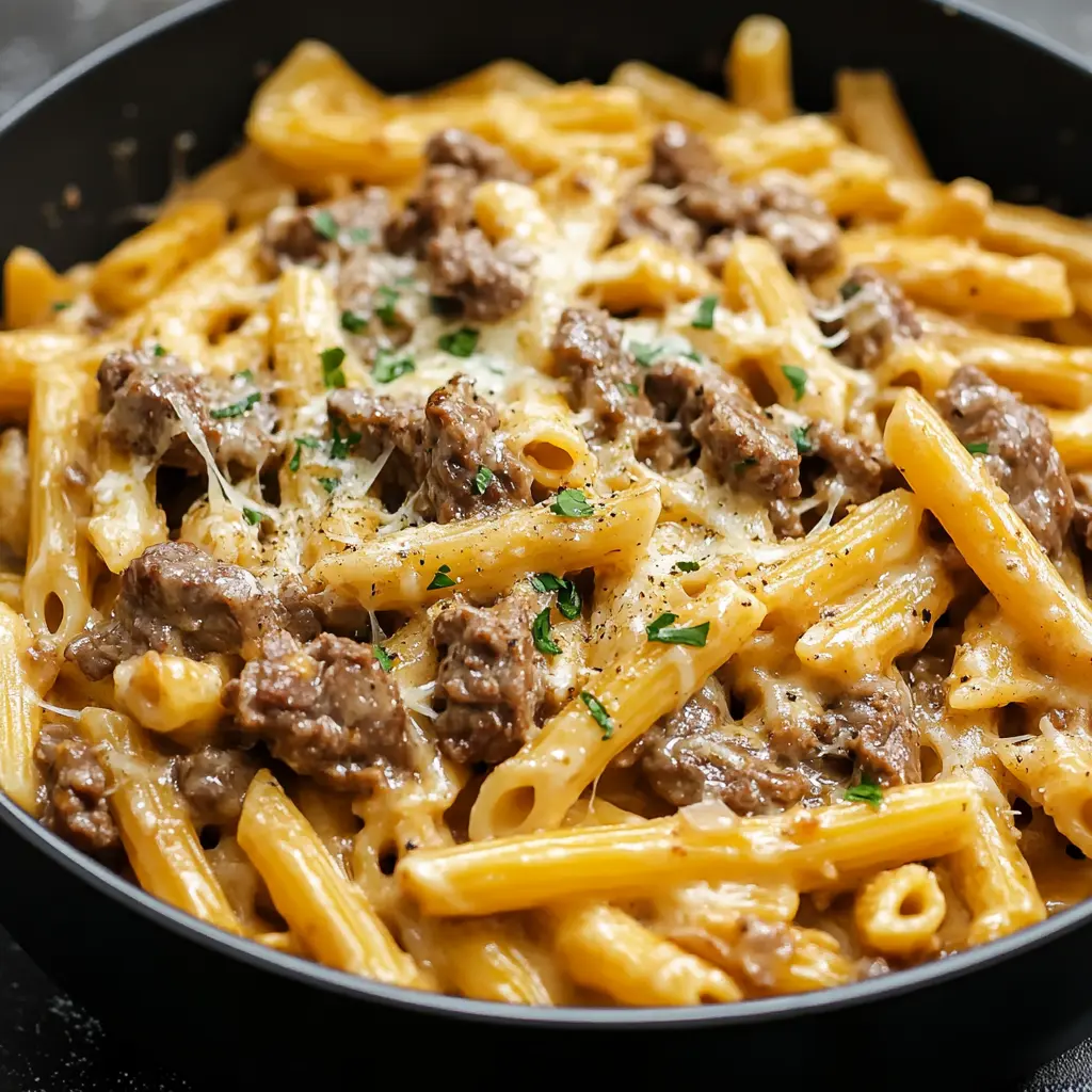 One Pot Creamy Beef and Garlic Butter Pasta Recipe Easy 2 ONE POT CREAMY BEEF AND GARLIC BUTTER PASTA centered hero view, clean and uncluttered