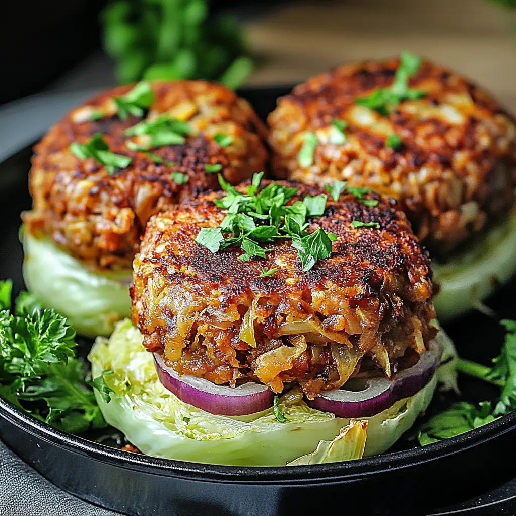 OVEN-BAKED CABBAGE BURGERS centered hero view, clean and uncluttered