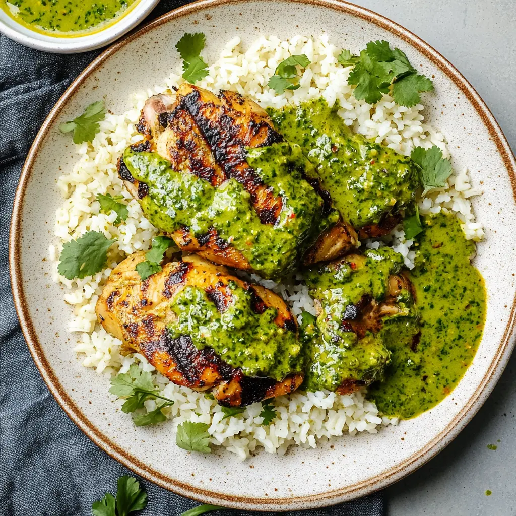 PERUVIAN CHICKEN AND RICE WITH GREEN SAUCE centered hero view, clean and uncluttered