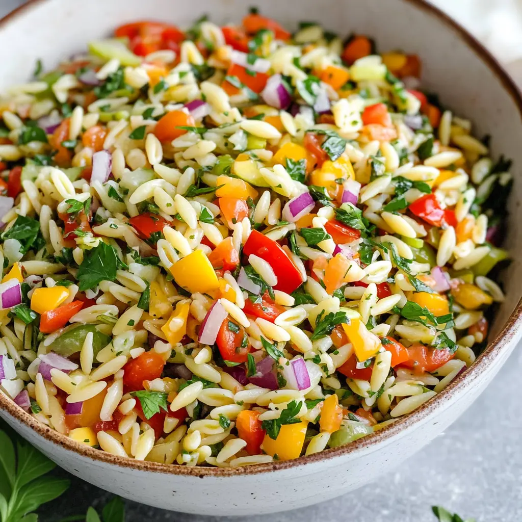 RAINBOW ORZO SALAD centered hero view, clean and uncluttered