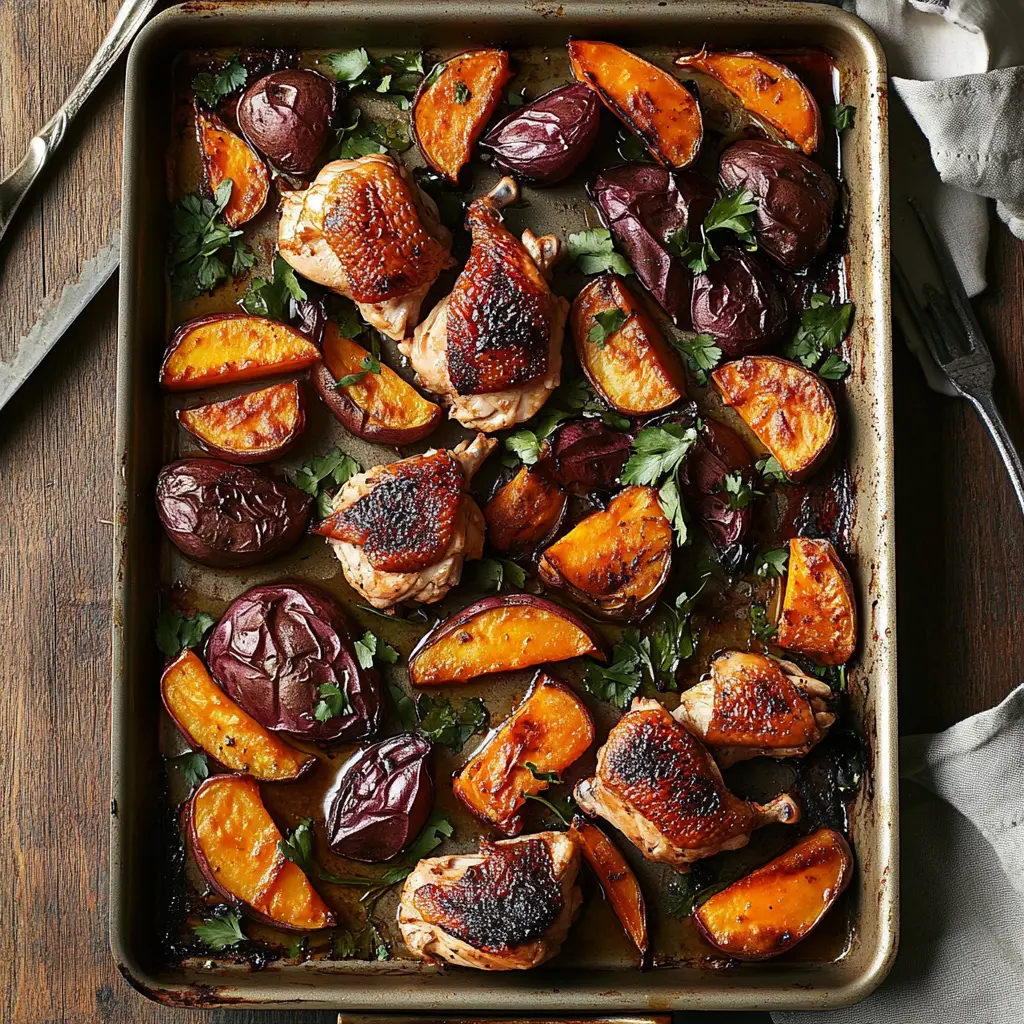 SHEET PAN CHICKEN AND SWEET POTATOES centered hero view, clean and uncluttered