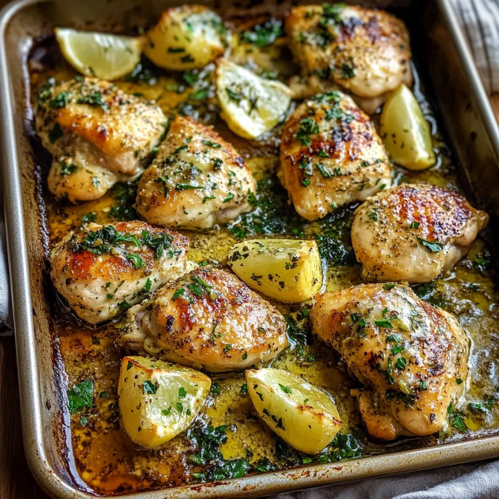 SHEET PAN GARLIC BUTTER CHICKEN centered hero view, clean and uncluttered