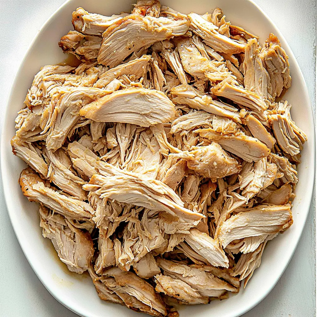 SLOW COOKER SHREDDED CHICKEN centered hero view, clean and uncluttered