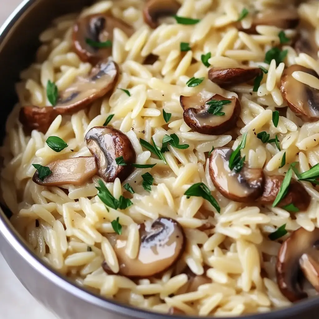 Tasty Orzo with Mushrooms Recipe Easy and Delicious 2 TASTY ORZO WITH MUSHROOMS centered hero view, clean and uncluttered