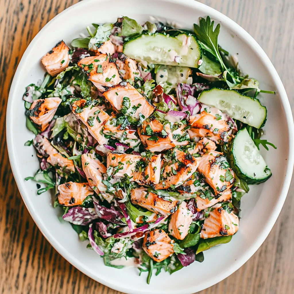 Salmon salad with flaky fish, crisp vegetables, and fresh herbs in a white bowl