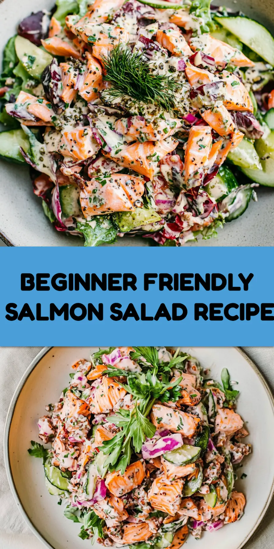 Salmon salad with flaky fish and fresh vegetables ready to serve