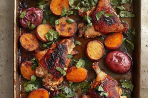 SHEET PAN CHICKEN AND SWEET POTATOES centered hero view, clean and uncluttered