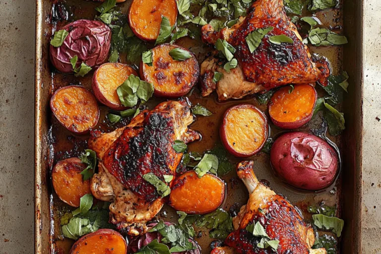 SHEET PAN CHICKEN AND SWEET POTATOES centered hero view, clean and uncluttered